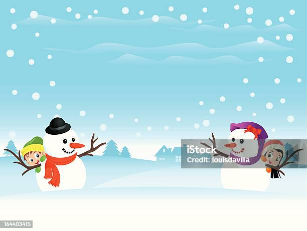Snowman Couple With Kids Stock Illustration - Download Image Now - Boys, Cartoon, Celebration Event