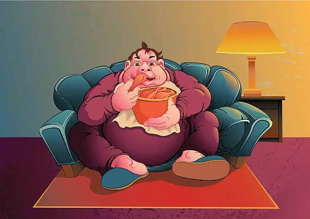 Vector illustration of Fat guy eating chicken