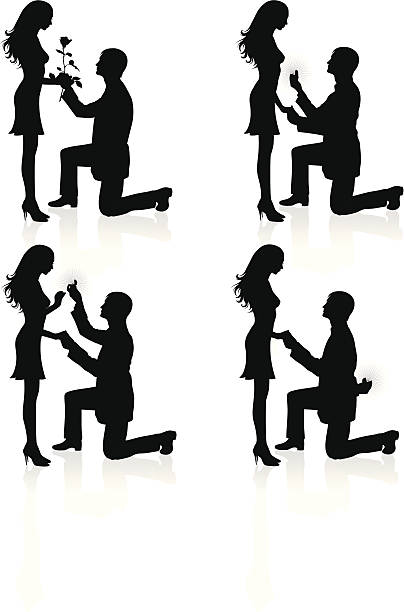 commitment. Silhouettes of a man proposing to a woman while standing on one knee. wedding silhouettes stock illustrations