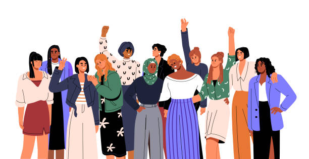 International womens day. Female group support feminists, different happy girls stay together. Equal community and modern multiethnic sisterhood. Flat isolated vector illustration on white background International womens day. Female group support feminists, different happy girls stay together. Equal community and modern multiethnic sisterhood. Flat isolated vector illustration on white background. hijab illustrations stock illustrations