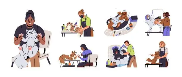 Vector illustration of Dog and cat grooming salon set. People washing doggy, groomer dry puppy's coat, bathing fluffy animal, person care about cute pets, cut claws. Flat isolated vector illustration on white background