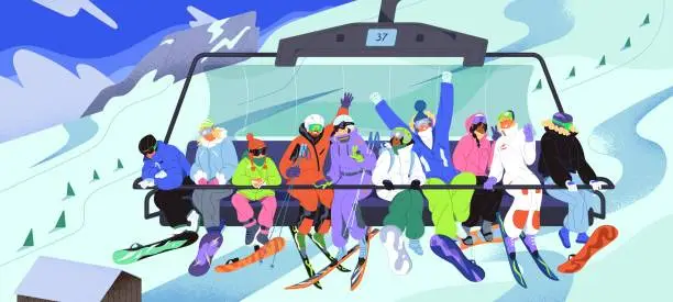 Vector illustration of Ski elevator with different people. Men and women with snowboard lift to mountain on cableway, skier spend vacation in winter resort, girls and boys travel, sport lifestyle. Flat vector illustration