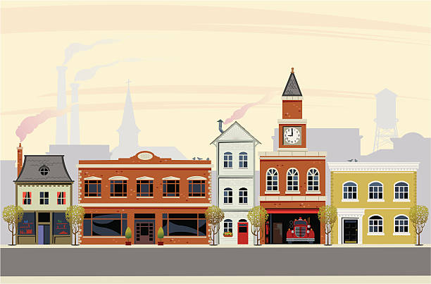 Main Street USA This is a vector illustration of any town main street. The scene is set in the morning with a number of victorian buildings conceived in a retro style. Smoke stacks and smokey chimneys give this an early fall look with cool weather. small town america stock illustrations