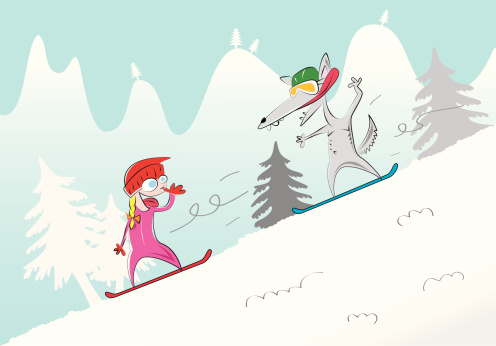 The little Red Riding-hood and the Wolf snowboarding downhill