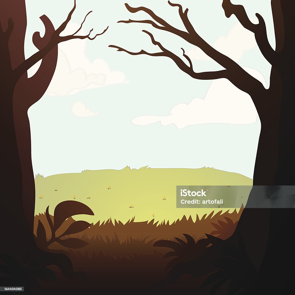 Grassy Meadow A grassy meadow as seen through a vignette of shady trees and bushes.  Download also contains a version without gradients. Glade stock vector