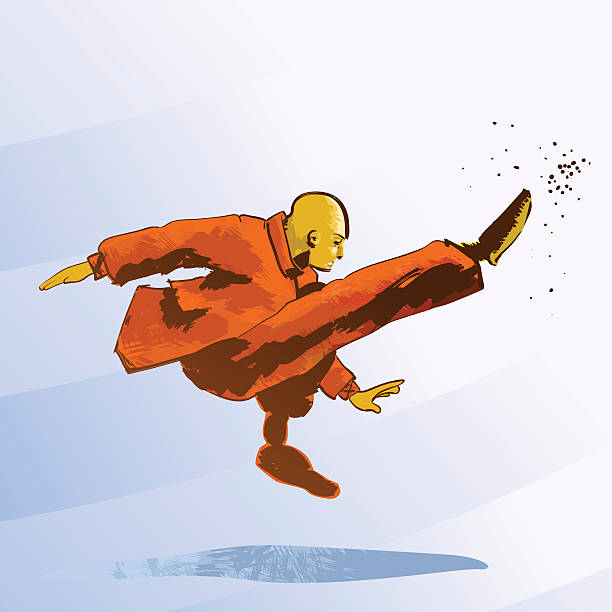 illustrazioni stock, clip art, cartoni animati e icone di tendenza di kung fu arte marziale-calcio - shaolin warrior monk