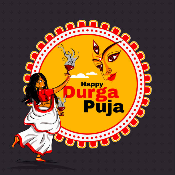 vektorillustration von bengalischen frauen, die den dhunuchi-tanz auf durga puja pandal aufführen - india indian culture traditional culture dancing stock-grafiken, -clipart, -cartoons und -symbole