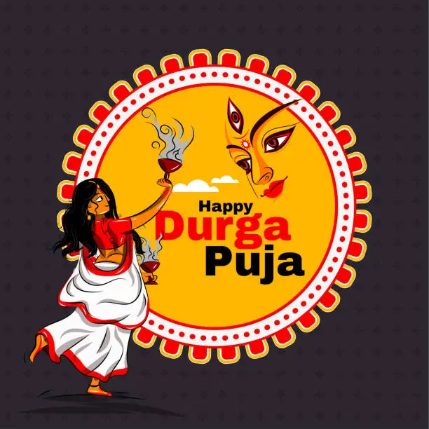 Vector illustration of vector illustration of bengali women performing Dhunuchi dance on Durga Puja pandal