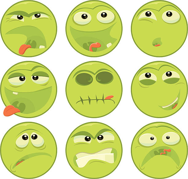 Green Face Emoticons Set of nine green faced emoticons. clip art of a yuck mouth stock illustrations