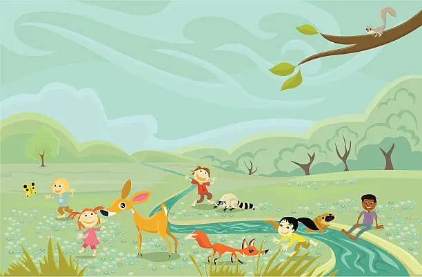 Vector illustration of Kids Playing Outdoors with Animals