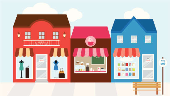 Vector illustration of strip mall shopping center. Each store is individually grouped and can be separated easily. Window display can be easily edited if you want to add merchandise to display. No gradient used.