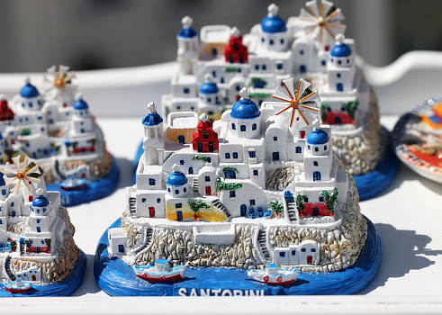 Oia; Santorini; Greece - July 3; 2021: Souvenir shop display for tourists in Oia; Santorini; Island; Greece.