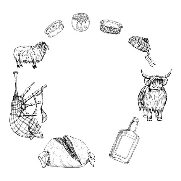 ilustraciones, imágenes clip art, dibujos animados e iconos de stock de conjunto de bocetos vectoriales dibujados a mano con tinta de objetos aislados. símbolos de escocia. diseño para turismo, viajes, folleto, boda, guía, impresión, tarjeta, tatuaje. - gaitero