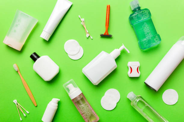 istock Mockup for bathing products top view flat lay, spa razor, toothpaste, soap, gel and other various accessories. Cosmetics for skin health. Bath Mockup for your logo 1644055648