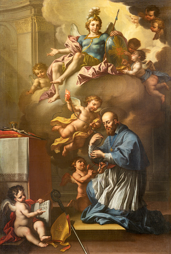 Genova - The painting of St. Francis de Sales and St. Michael archangel in the church Santuario di San Franceso da Paola by Francesco Campora (1693 - 1763).