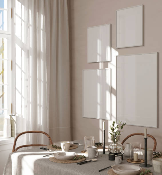 istock Frame mockup, Home interior background, Dining room with in beige colors, 3d render 1644095332
