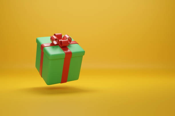 istock Gift box with cartoon style bow isolated on yellow background with copy space. 3d illustration. 1644104215