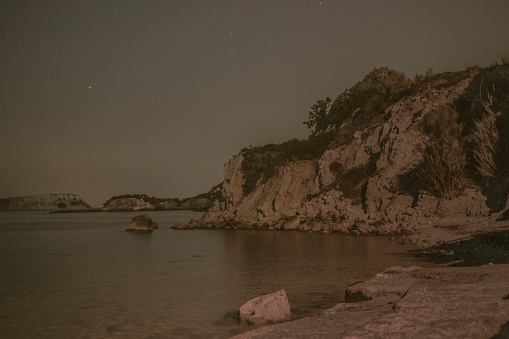 quiet seashore at midnight.