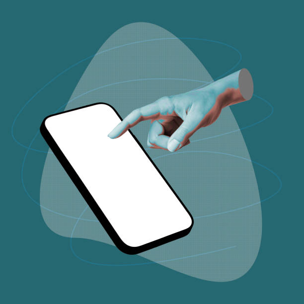 istock Antique statue hand points at white blank screen of mobile phone with empty copy space for design 1644105911
