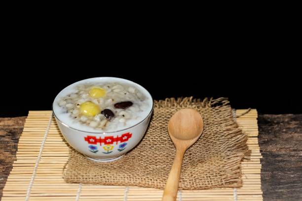istock Dessert sago and beans put on sack and bamboo material. 1644119547