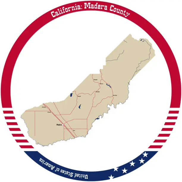 Vector illustration of Map of Madera County in California, USA arranged in a circle.