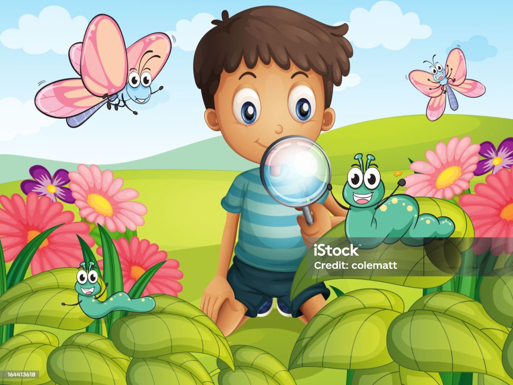 Chłopiec w ogrodzie - Grafika wektorowa royalty-free (Dziecko)