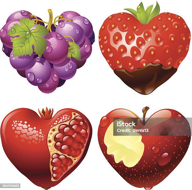 Forma De Coração Conjunto 2 Morango Uvas Romã E Apple - Arte vetorial de stock e mais imagens de Fruta com Grão