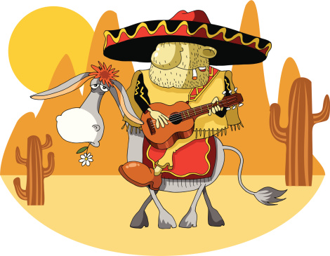 Cartoon Mexican wearing a sombrero riding a donkey in the desert