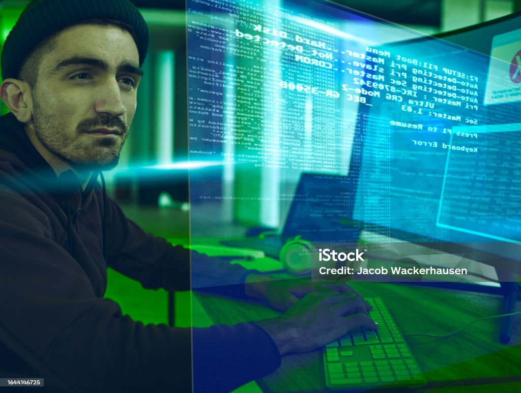 Computer Hacker Programming And Man With Hologram For Phishing Scam Or ...