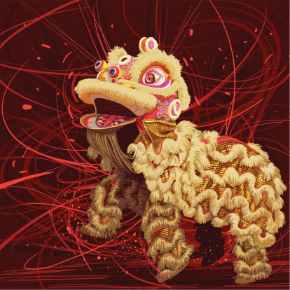 freehand stroke vector illustration: painting style golden lion dance with abstract red background