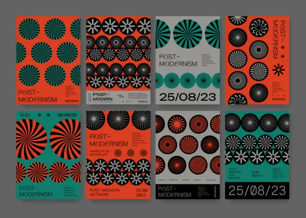 Vector illustration of Set Of Postmodern Inspired Posters Vector Design. Cool Geometric Abstract Modernist Placards. Avant-garde Geometrical Illustration. Contemporary Art Shapes.