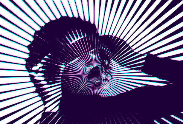 istock Retro vector of a young woman and virtual reality simulator with Glitch Technique 1644149558