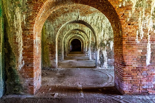 The iconic Fort Morgan State Historic Site brick tunnel in Baldwin County, Alabama