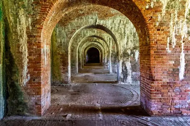 The iconic Fort Morgan State Historic Site brick tunnel in Baldwin County, Alabama