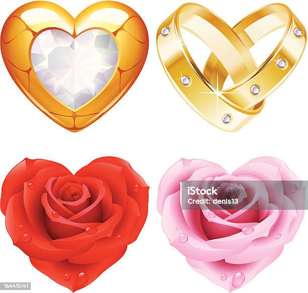 Форме Сердца Набор 4 Золотые Ювелирные Изделия И Розы — стоковая векторная графика и другие изображения на тему Алмаз