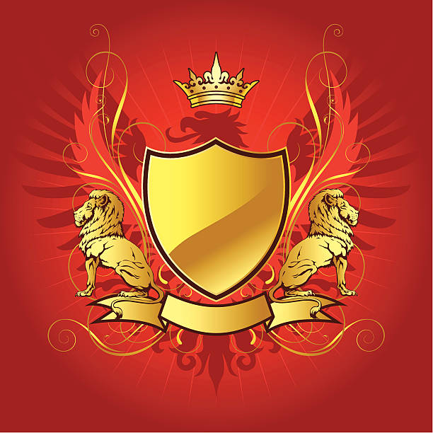 illustrazioni stock, clip art, cartoni animati e icone di tendenza di oro araldica shield - lion coat of arms shield backgrounds