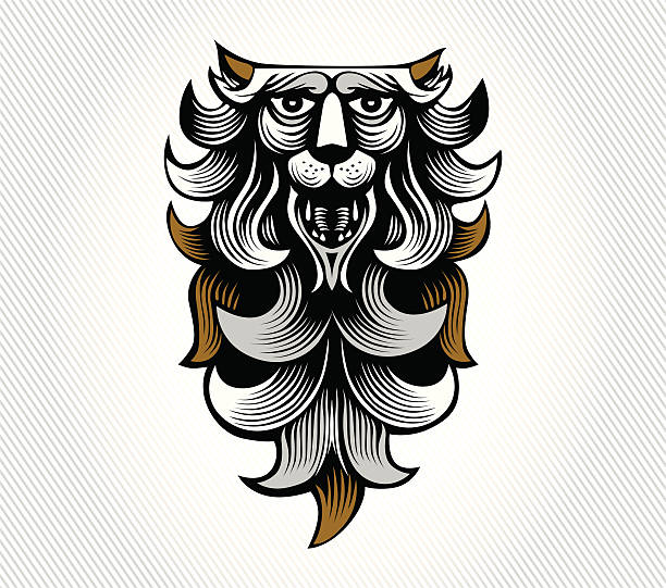 beast face engraving style of beast face asian lion stock illustrations