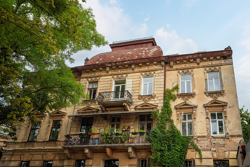 Kyiv, Ukraine - Aug 10, 2019: Beautiful House at Lviv Old Town - Lviv, Ukraine