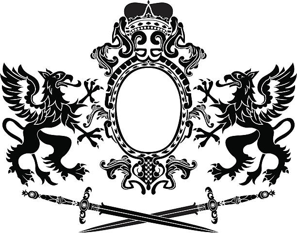 «griffins», руки и перекрестные мечей состав - heraldic griffin sword crown stock illustrations