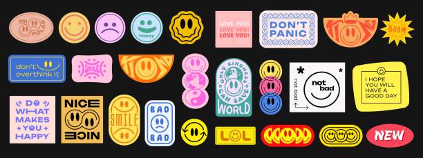 Cool Trendy Groovy Stickers Set. Collection of Y2K Patches Vector Design. Pop Art Badges. Smile Emoticons.