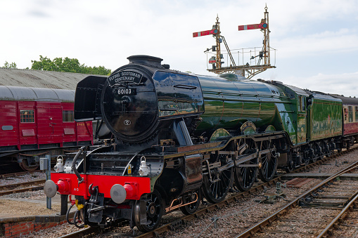60103 Flying Scotsman was designed by Sir Nigel Gresley and was built in 1923. This was the first Steam Locomotive in the UK to reach 100mph. In 2023 Flying Scotsman is celebrating its centenary. Photo taken at the Bluebell Railway in East Sussex in August 2023.