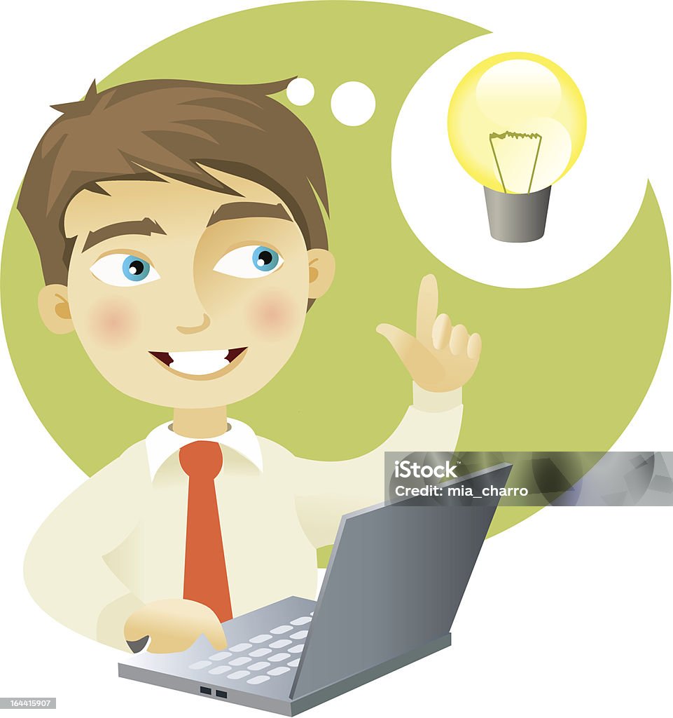 Young man having an idea A young man with a computer having and idea (represented as a lightbulb) Above stock vector