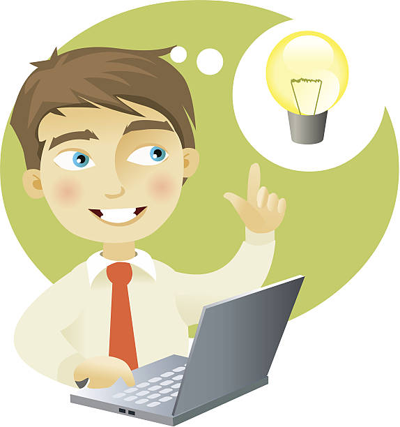 Young man having an idea A young man with a computer having and idea (represented as a lightbulb) man with a light bulb over his head stock illustrations