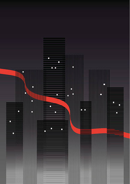 city night scene with red ribbon vector art illustration