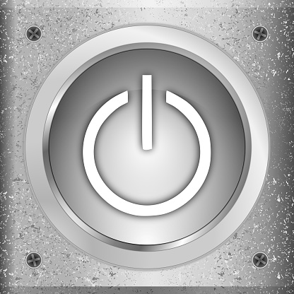 power button silver on a metal plate - 3D illustration