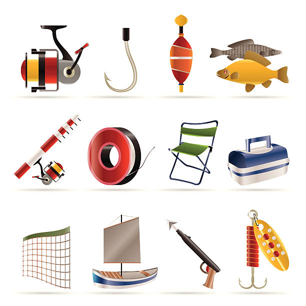 angeln und urlaub symbole - harpoon spear fishing rope stock-grafiken, -clipart, -cartoons und -symbole