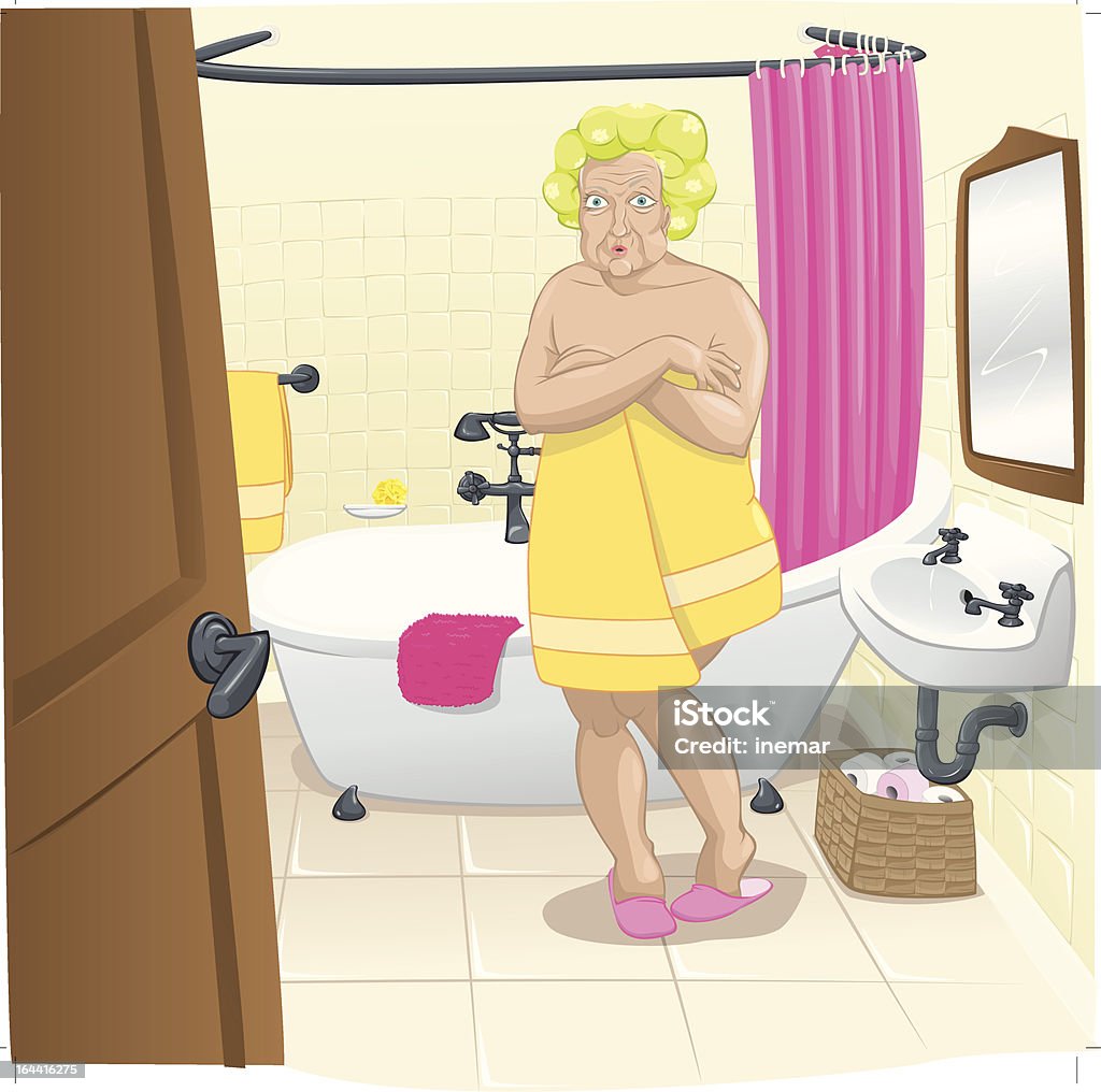 Shower lady illustration of an old lady in the bathroom surprised out of bath Adult stock vector