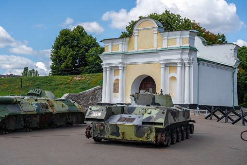 Kyiv, Ukraine - Aug 10, 2019: Moscow Gates and armored vehicles at World War II Memorial Complex - Kiev, Ukraine