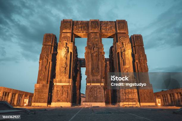 The Chronicle Of Georgia At Night Stock Photo - Download Image Now - Tbilisi, Monument, History