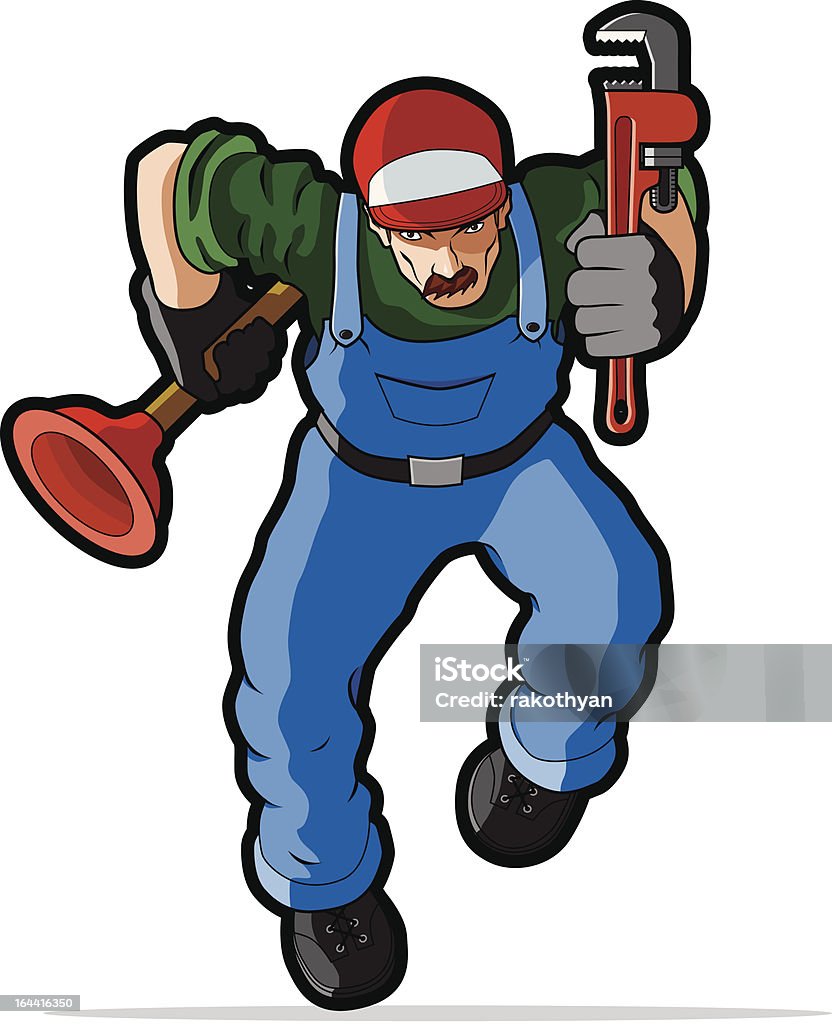 Plumber vector illustration. Illustration of plumber rushing with determination to repair a broken pipe. Maintenance Engineer stock vector